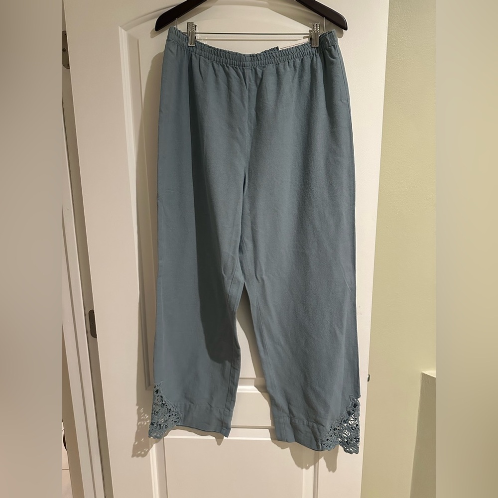 Soft Surroundings Blue Straight Leg Pants with Lace Detail